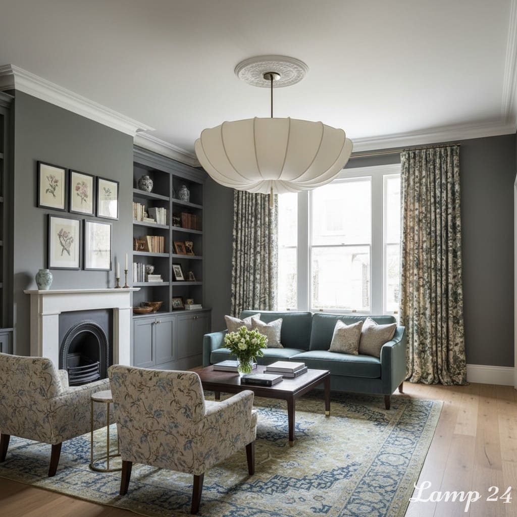 Lounge scene with chandelier