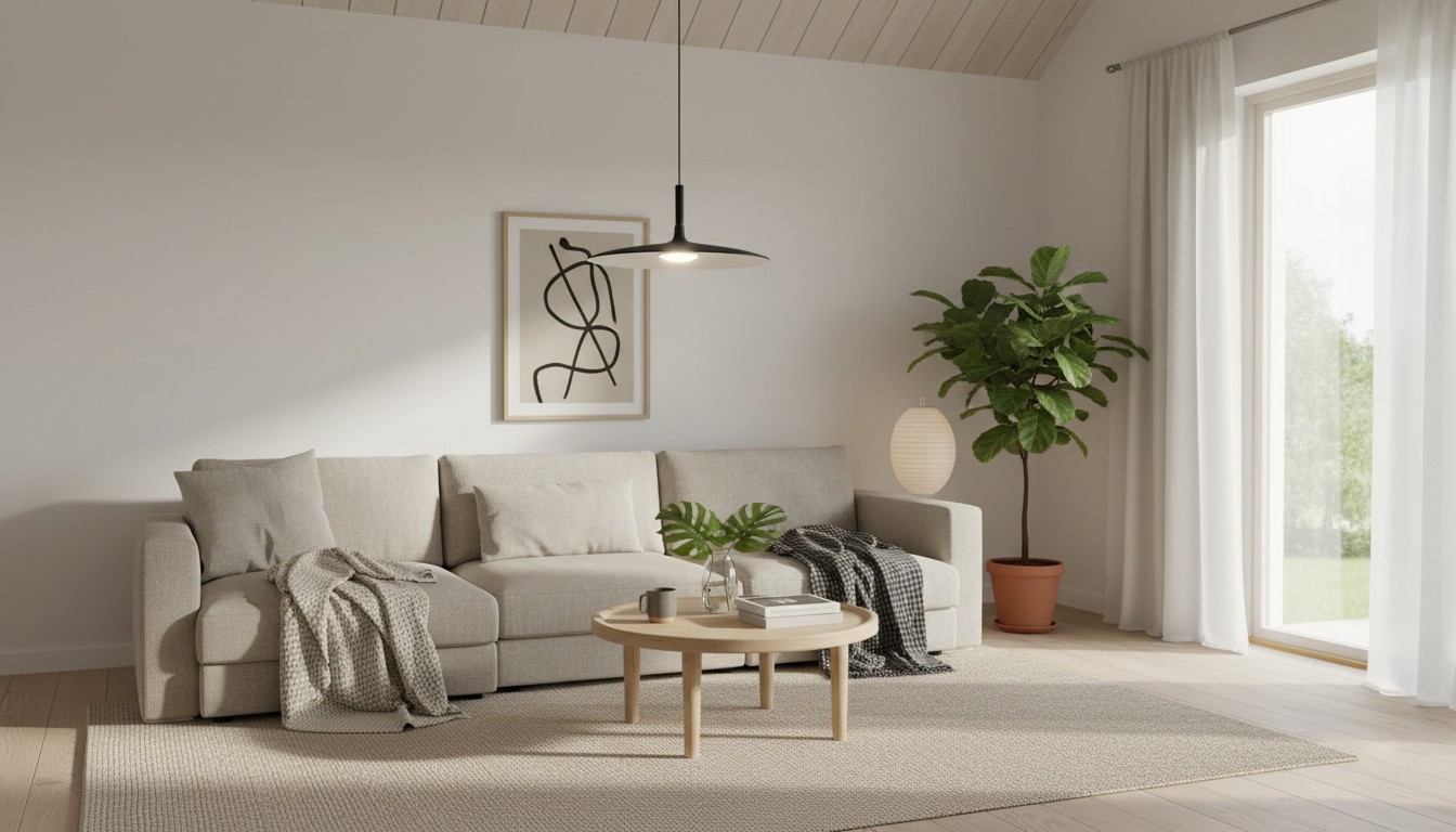 Large Disc Industrial Pendant Light in a living room