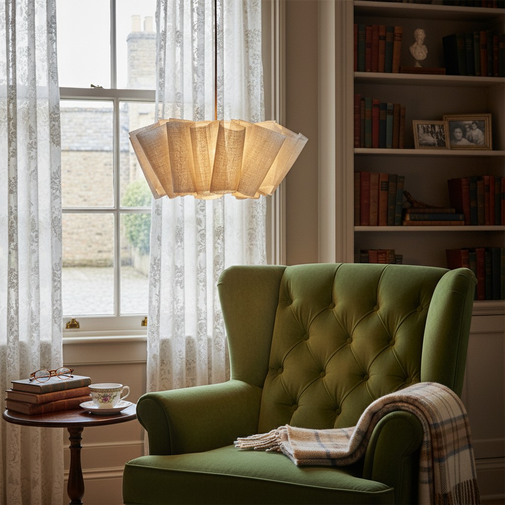 Pleated linen pendant light displayed in a living room