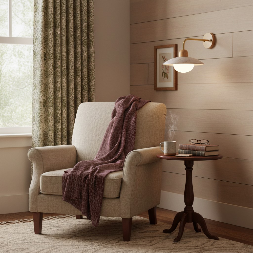 Travertine Wall Lamp beside an armchair