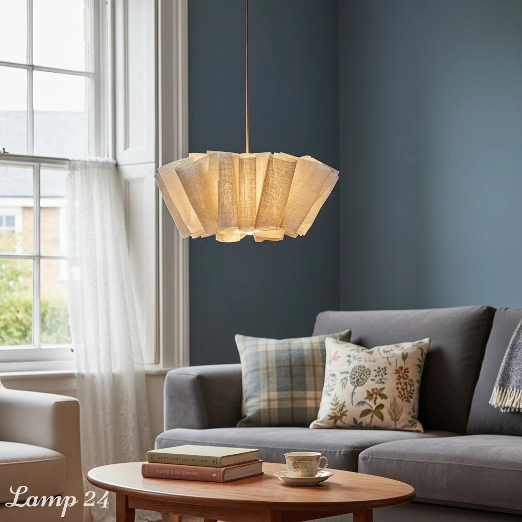 Pendant light above a sofa and round table