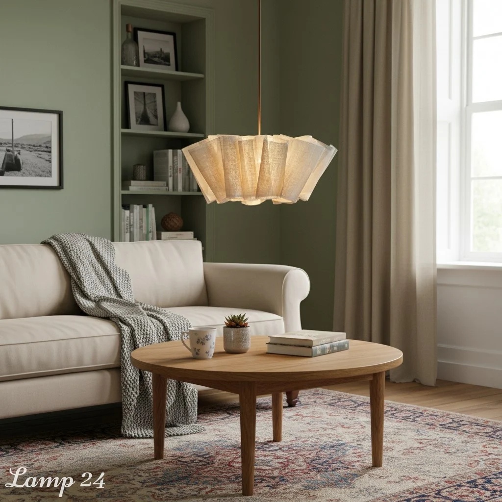 Pendant light beside a blue armchair
