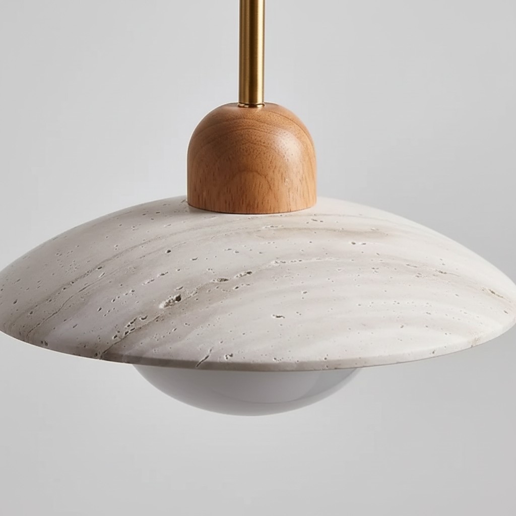 Close view of the travertine shade and wood detail
