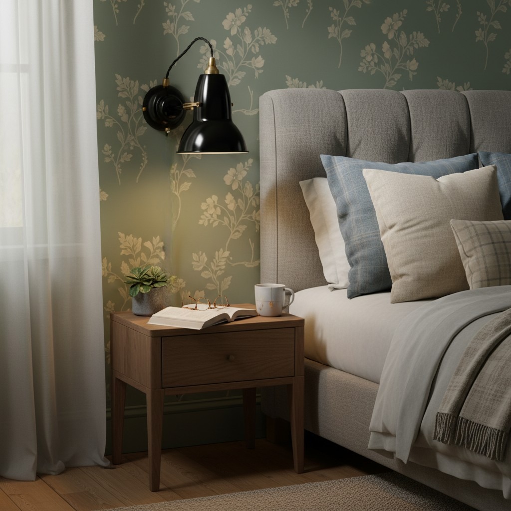 Black wall light beside bed