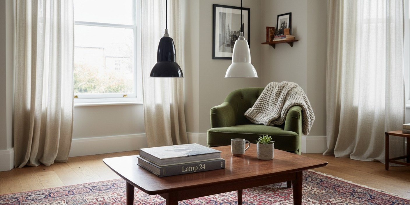 Classic Pendant Lamp with fabric cord and brass accents in a living room