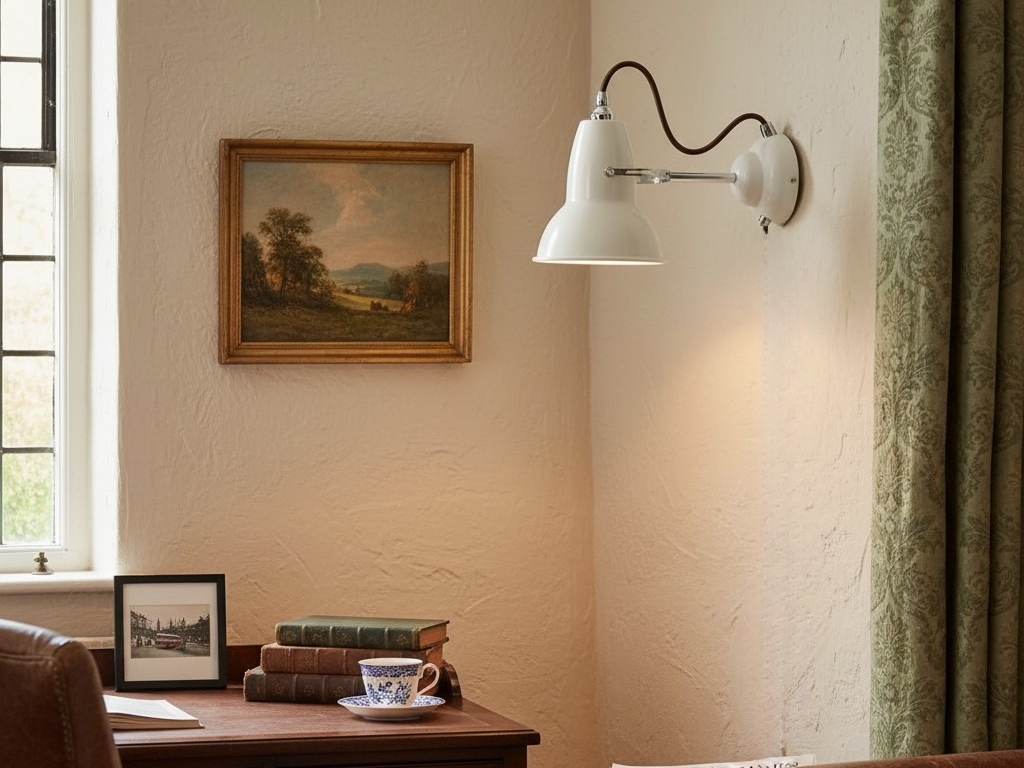 White wall light in a warm reading room scene