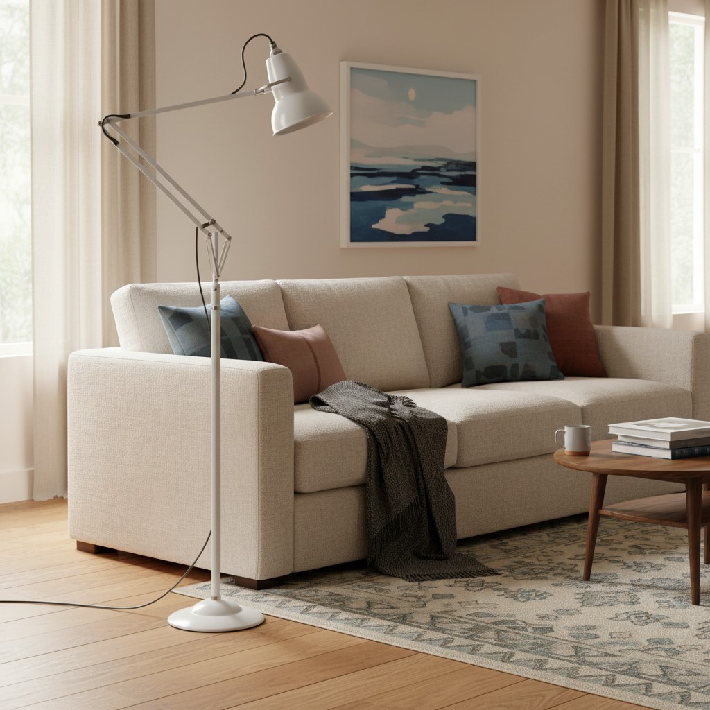 Adjustable lamp near seating area