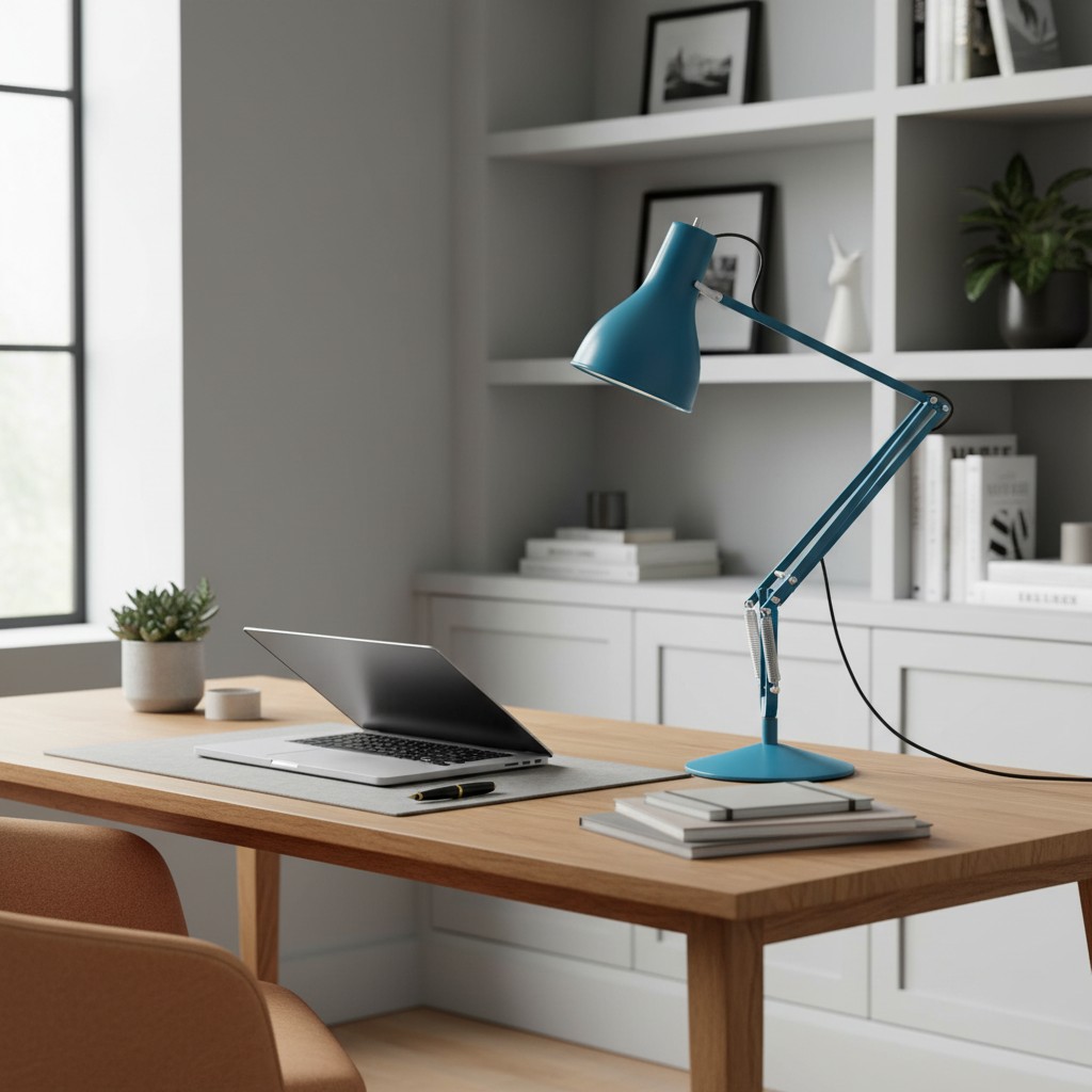 Blue desk lamp workspace scenario