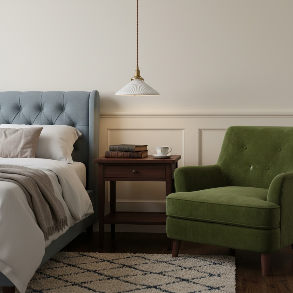 Veloria pendant light beside a bed and green chair