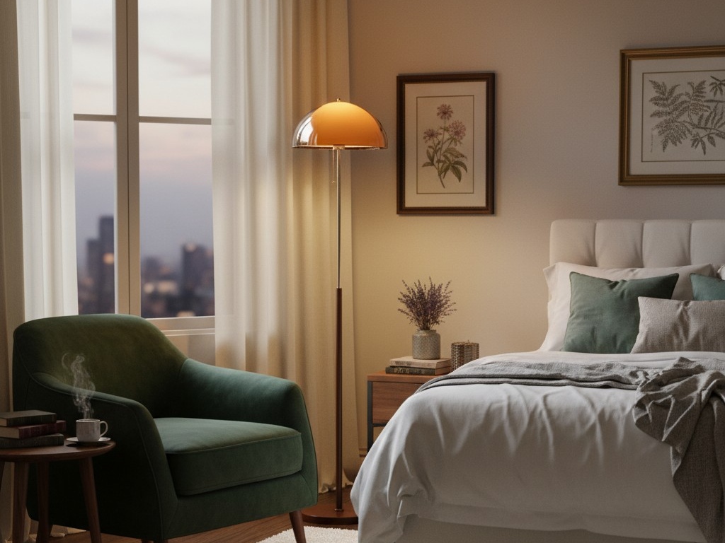 Lampada da terra Sunset posizionata accanto a una poltrona in una camera da letto