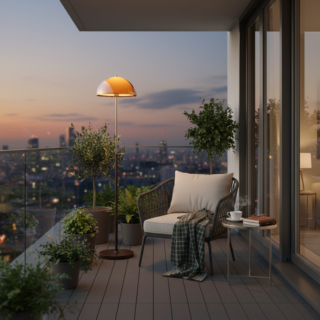 Lampada da terra Sunset su un balcone al crepuscolo