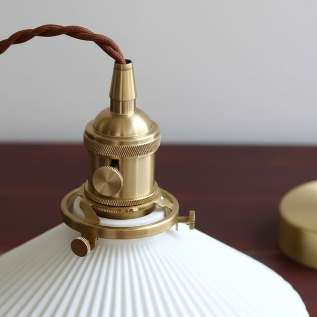 Close detail of the Veloria pendant brass fitting and pleated ceramic shade