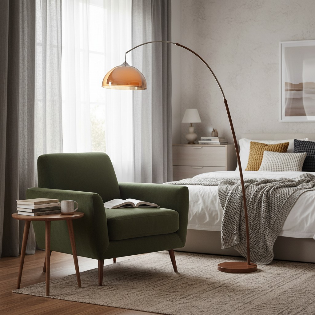 Lampada da terra ad arco al tramonto in una scena in camera da letto