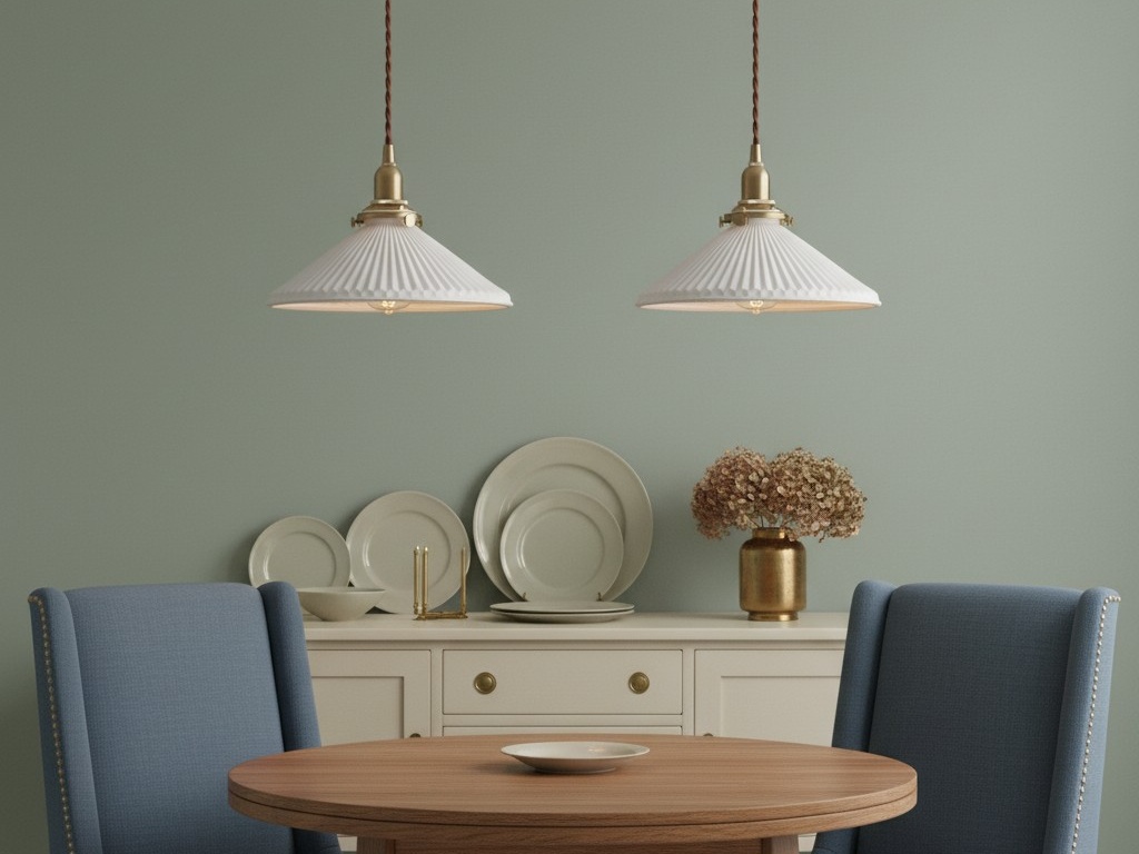 Veloria pendant lights over a dining setting with blue chairs