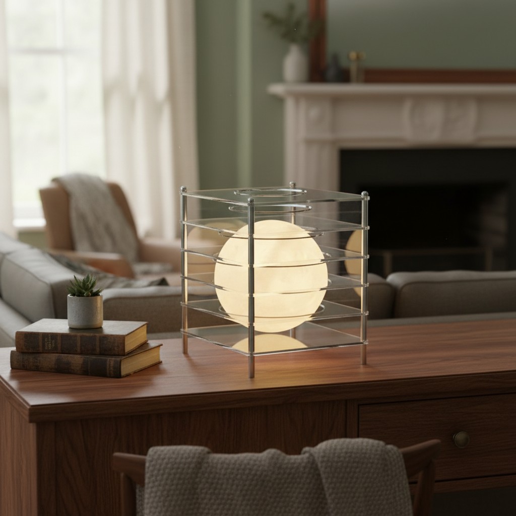 Transparent Sunset Moon Table Lamp on a wooden cabinet