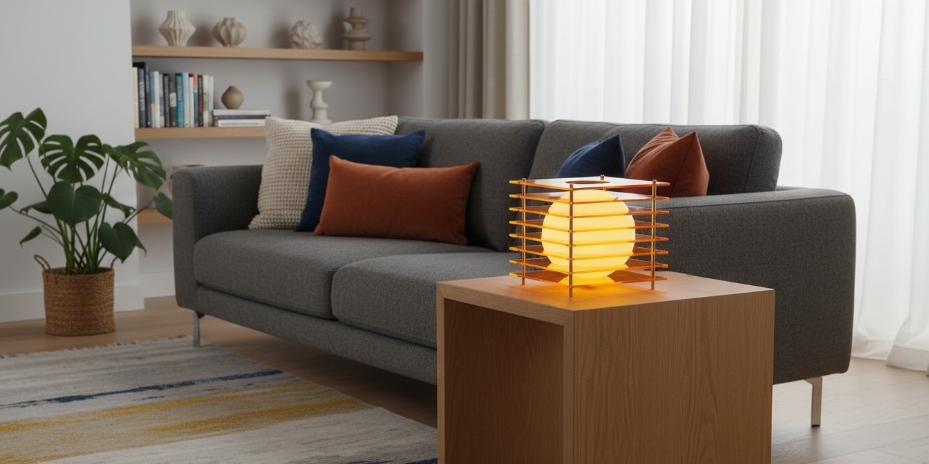 Sunset Moon Table Lamp displayed beside a sofa