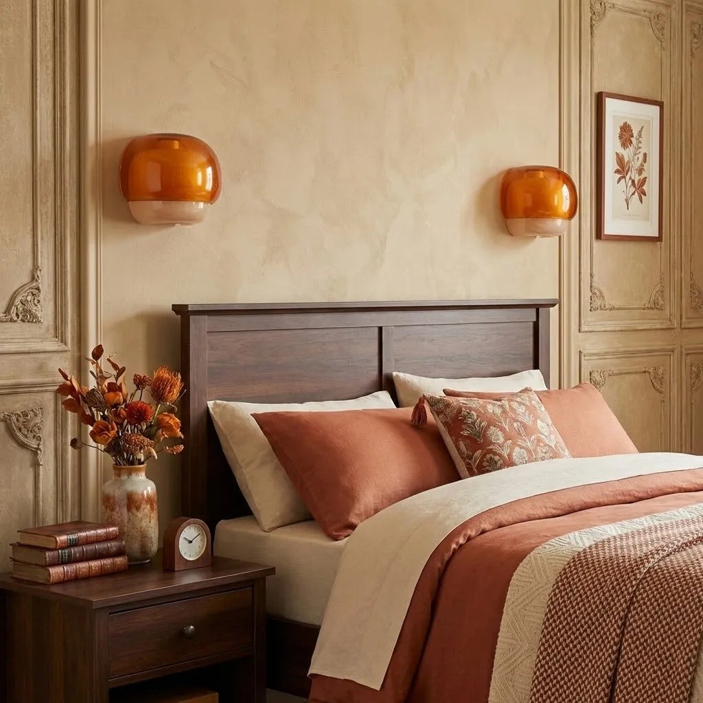 Two amber Clinco wall lamps in a bedroom scene