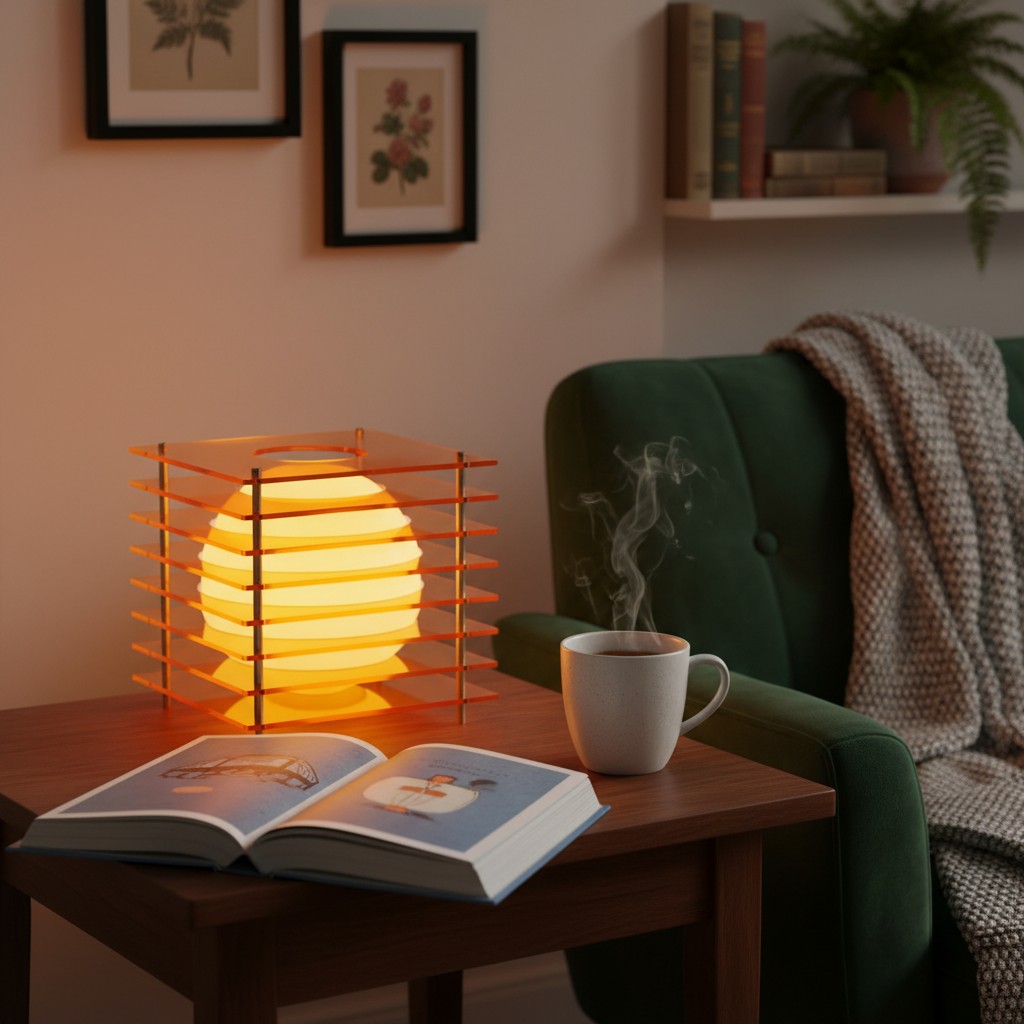 Orange Sunset Moon Table Lamp on a table with a book