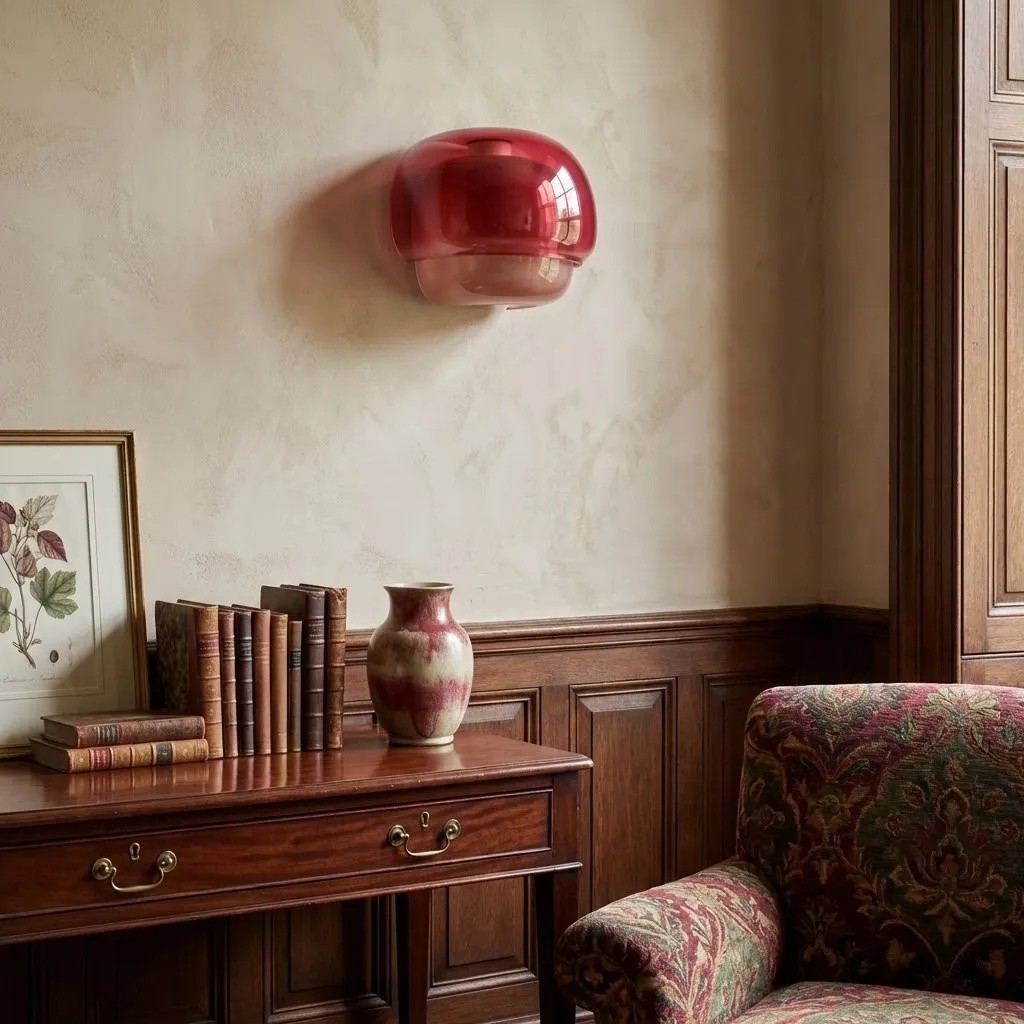 Red Clinco wall lamp above a cabinet