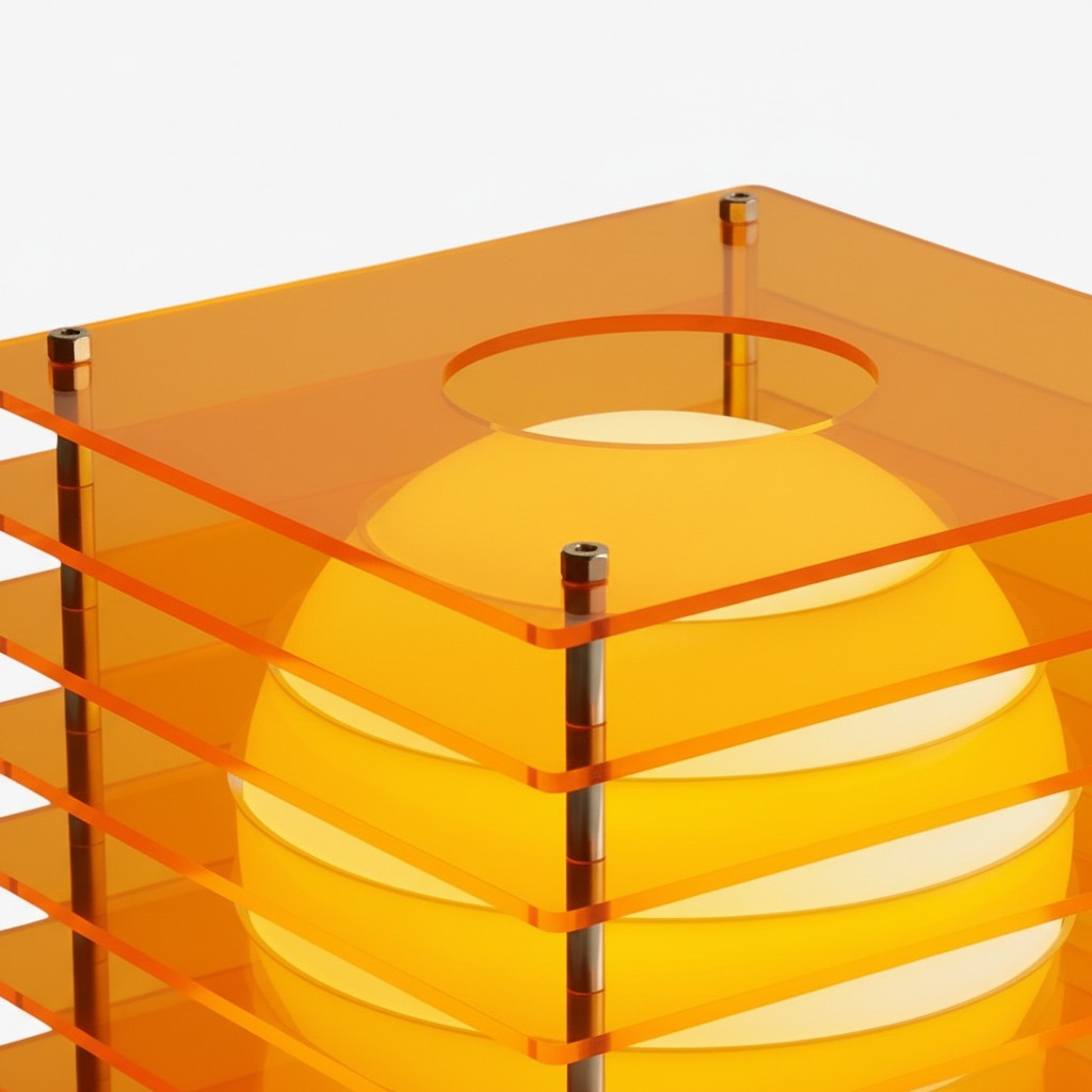 Geometric lamp frame and glowing sphere detail