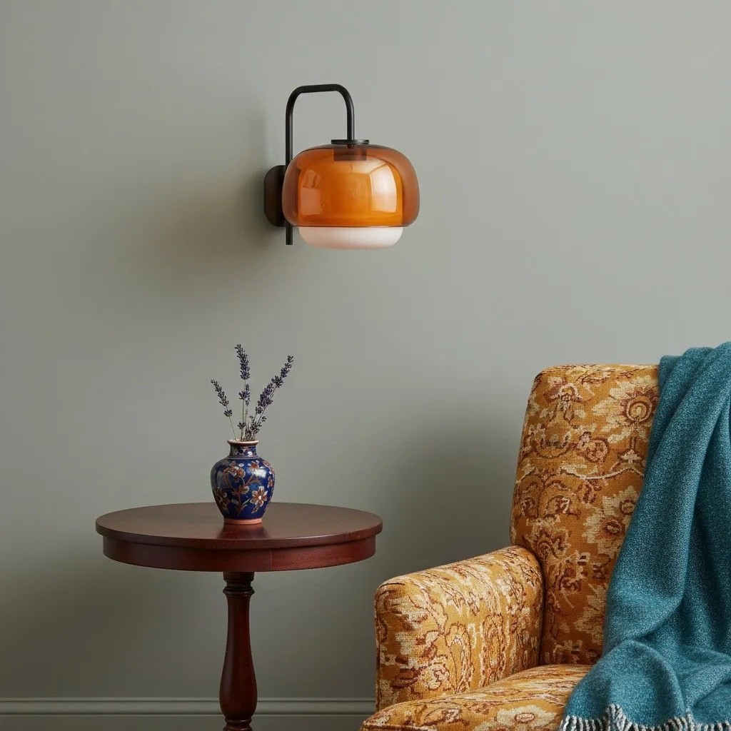 Dark orange Clinco wall lamp beside an armchair