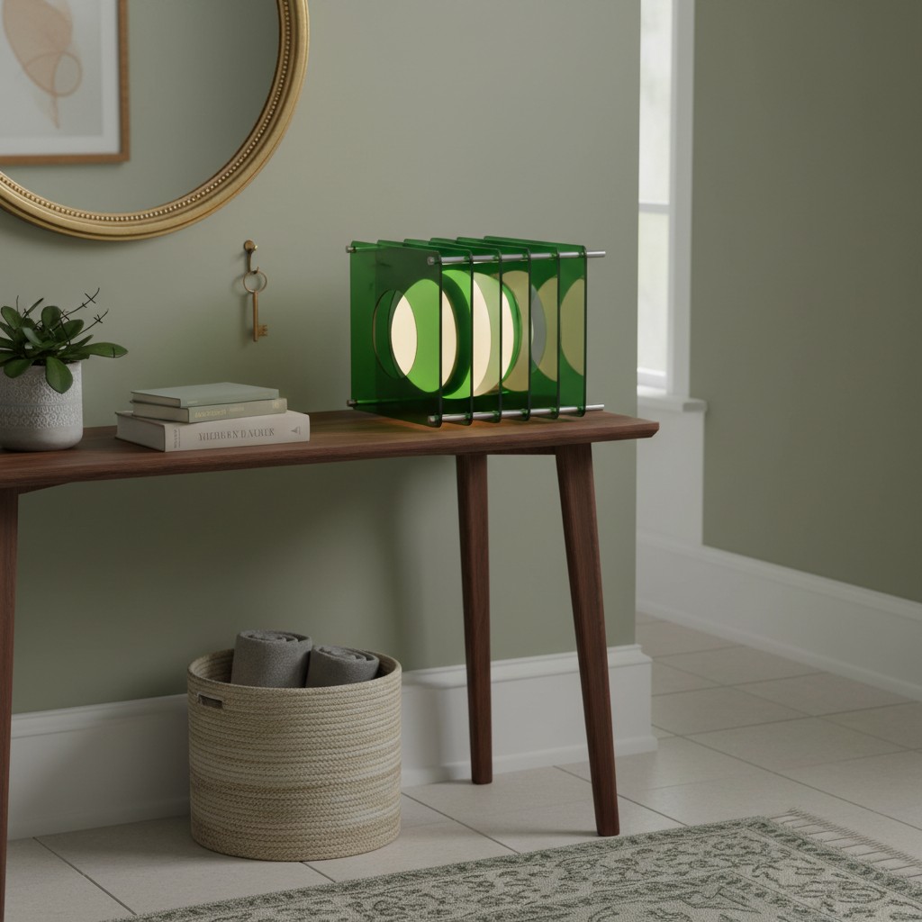 Green Sunset Moon Table Lamp on a console table
