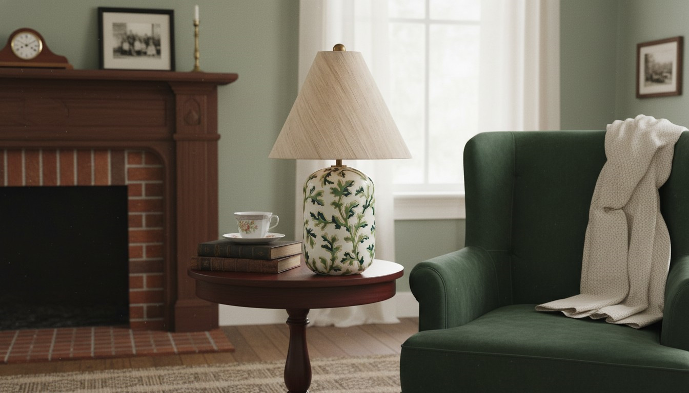 Ceruna ceramic table lamp in a living room beside a green armchair
