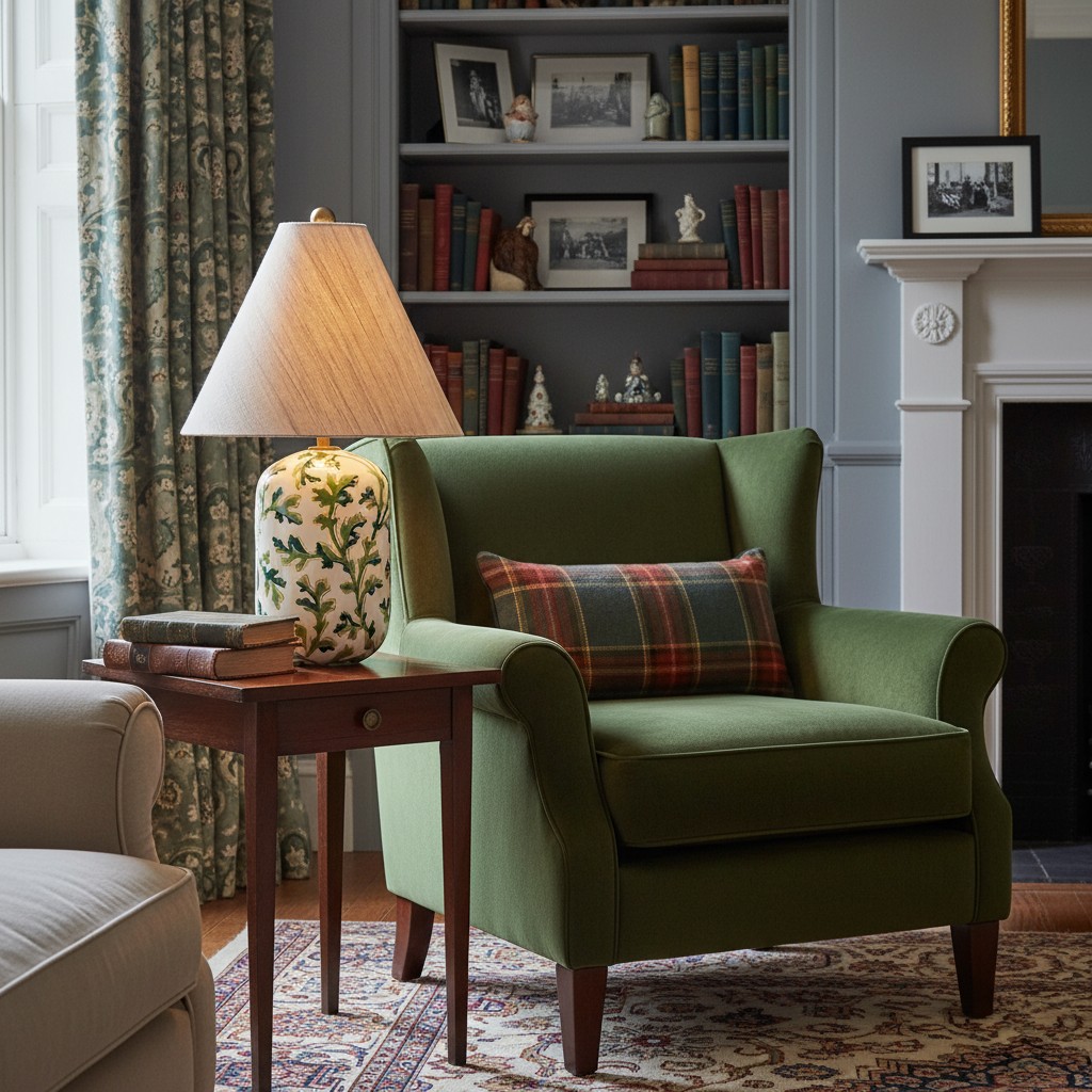 Ceruna ceramic table lamp beside a green armchair