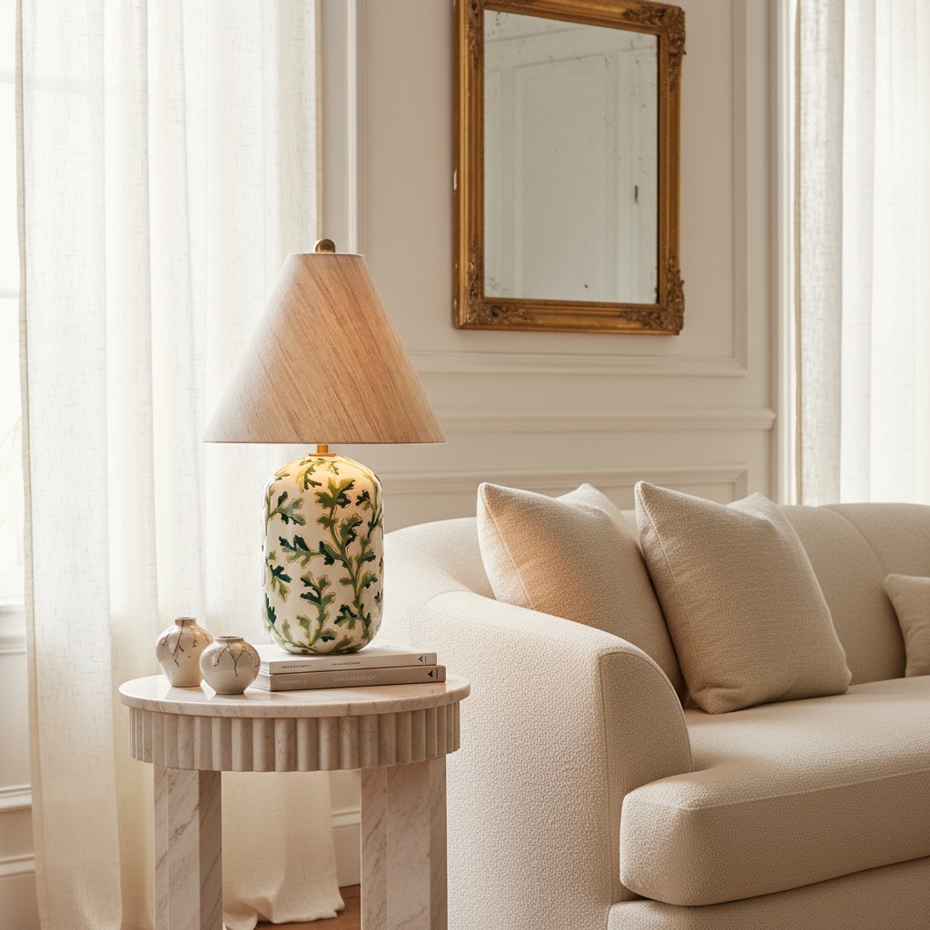 Ceruna table lamp on a side table beside a sofa