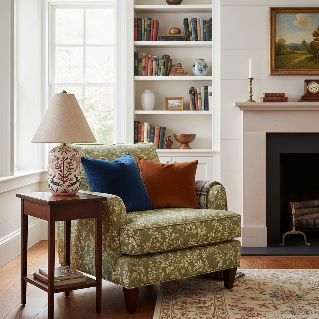 Ceruna table lamp beside a patterned lounge chair