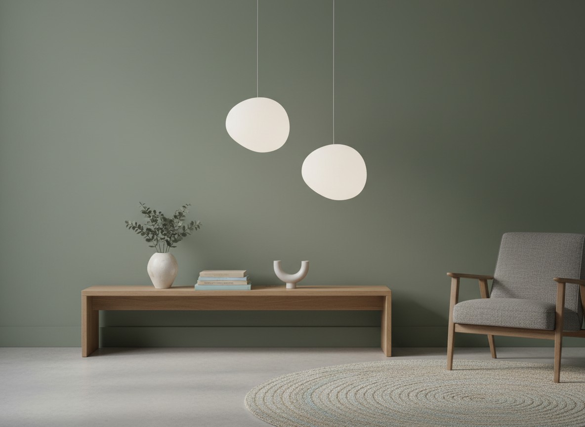 Living room console with milk glass pendant lights