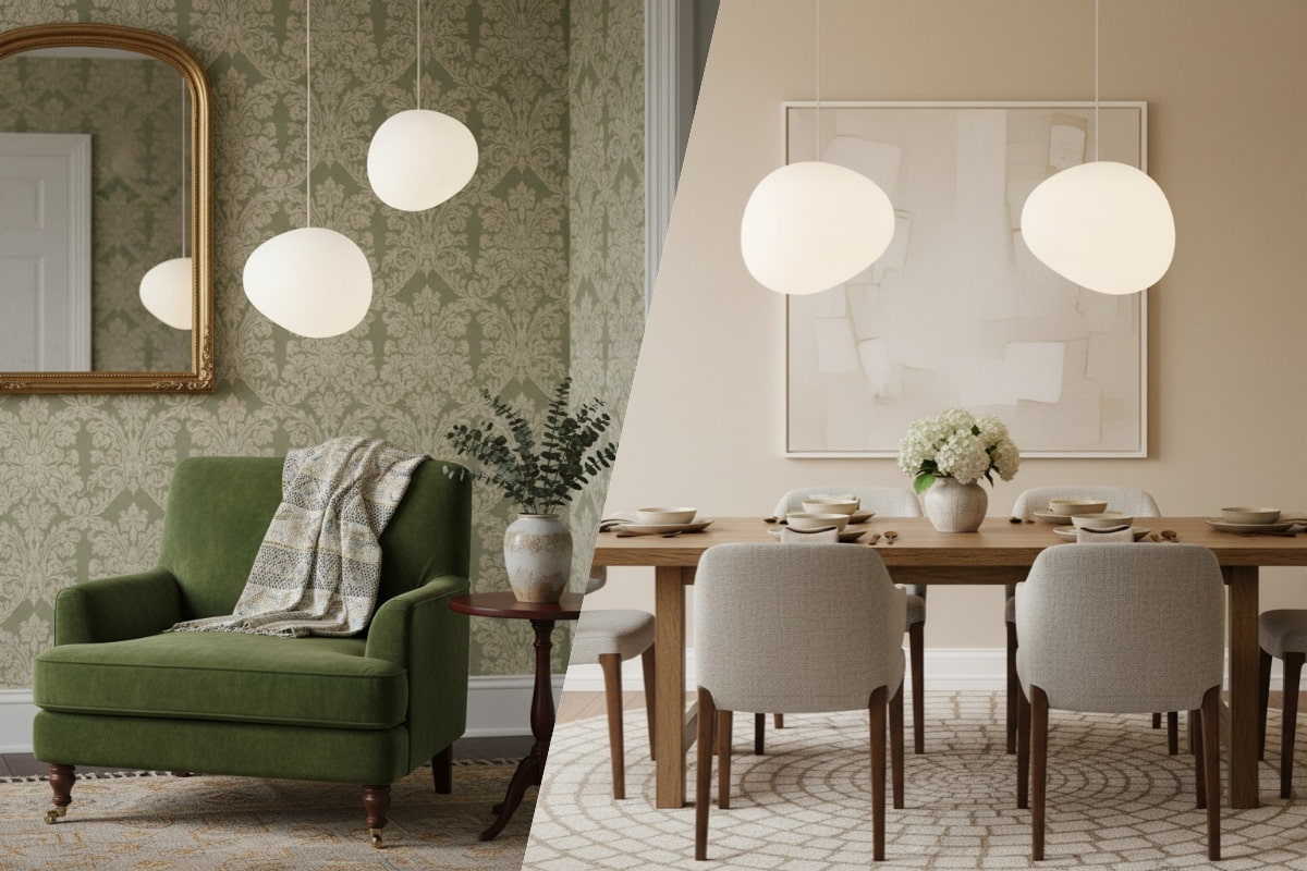 Dining scene with milk glass pendant light