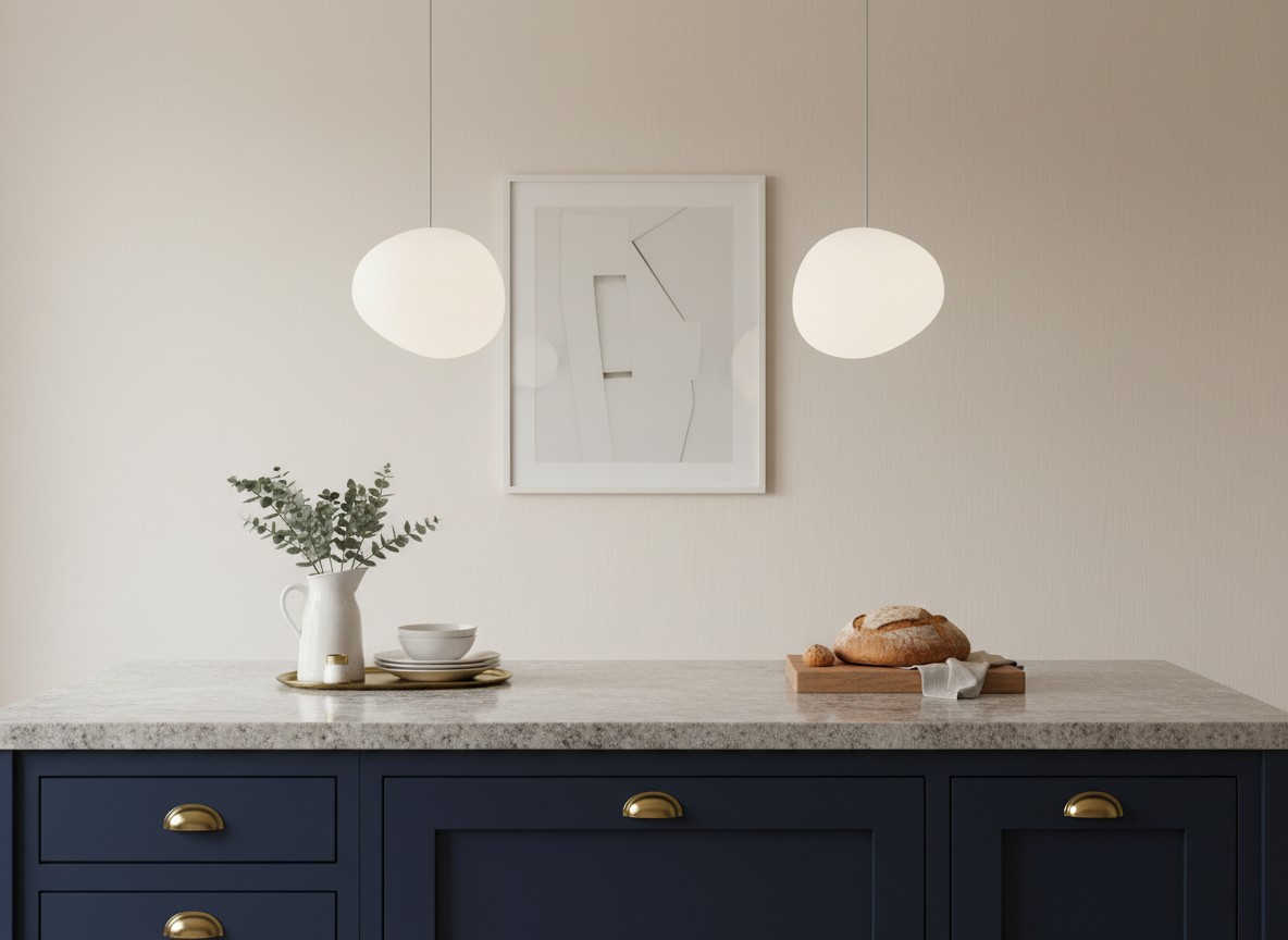 Kitchen island with milk glass pendant lights