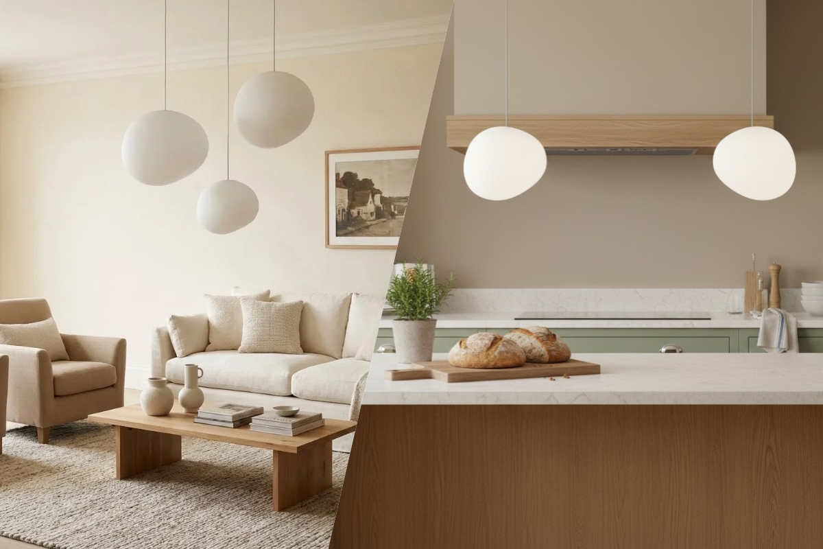Kitchen scene with milk glass pendant light