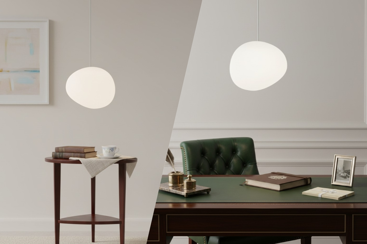 Desk scene with milk glass pendant light