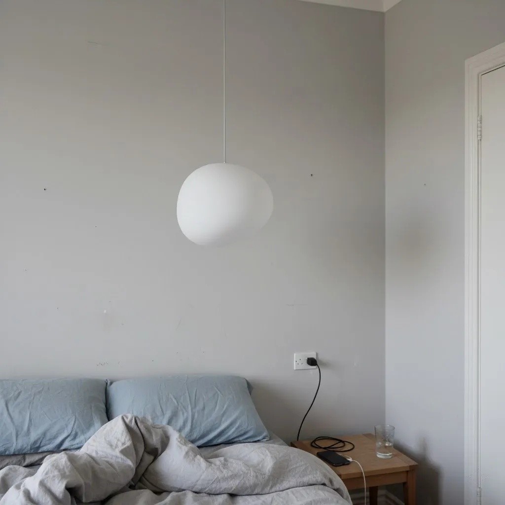 Customer bedroom photo with milk glass pendant light