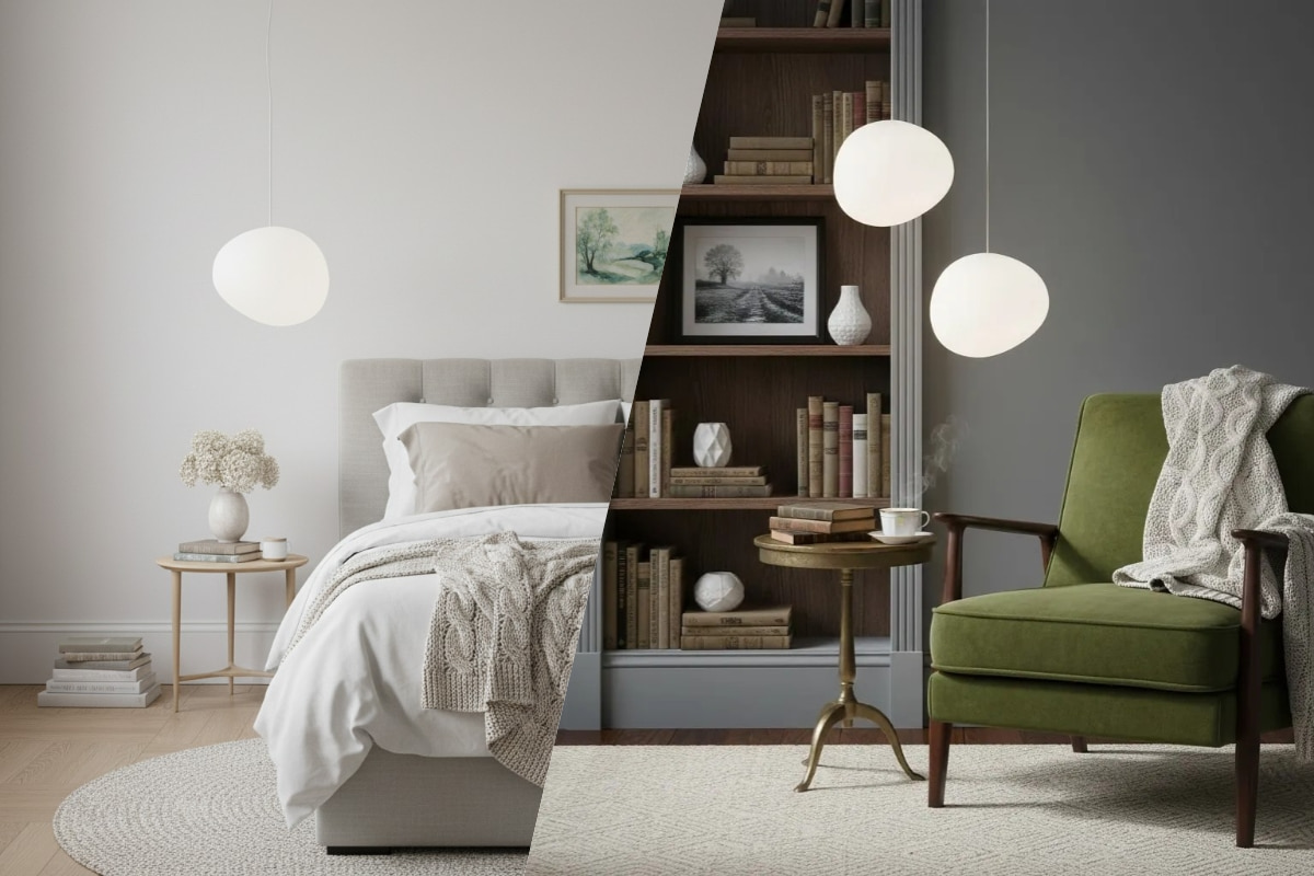 Bedroom scene with milk glass pendant light