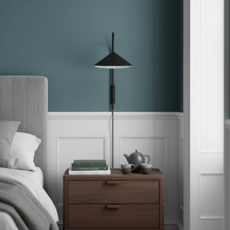 Aurem Plug In Wall Lamp in bedroom corner