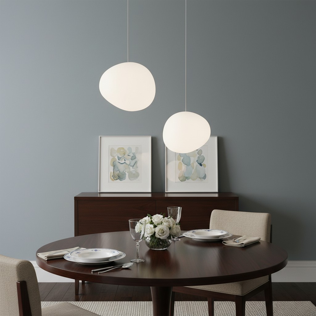 Dining table with milk glass pendant lights