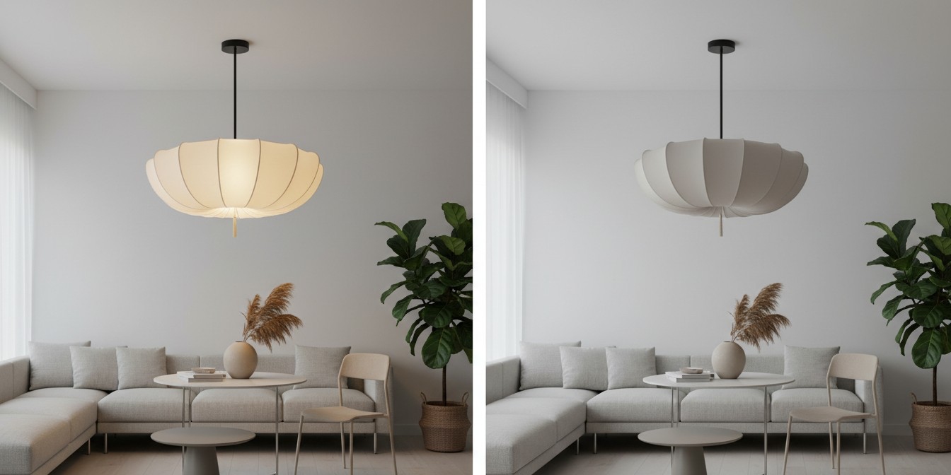 Light effect comparison showing the chandelier switched on and off