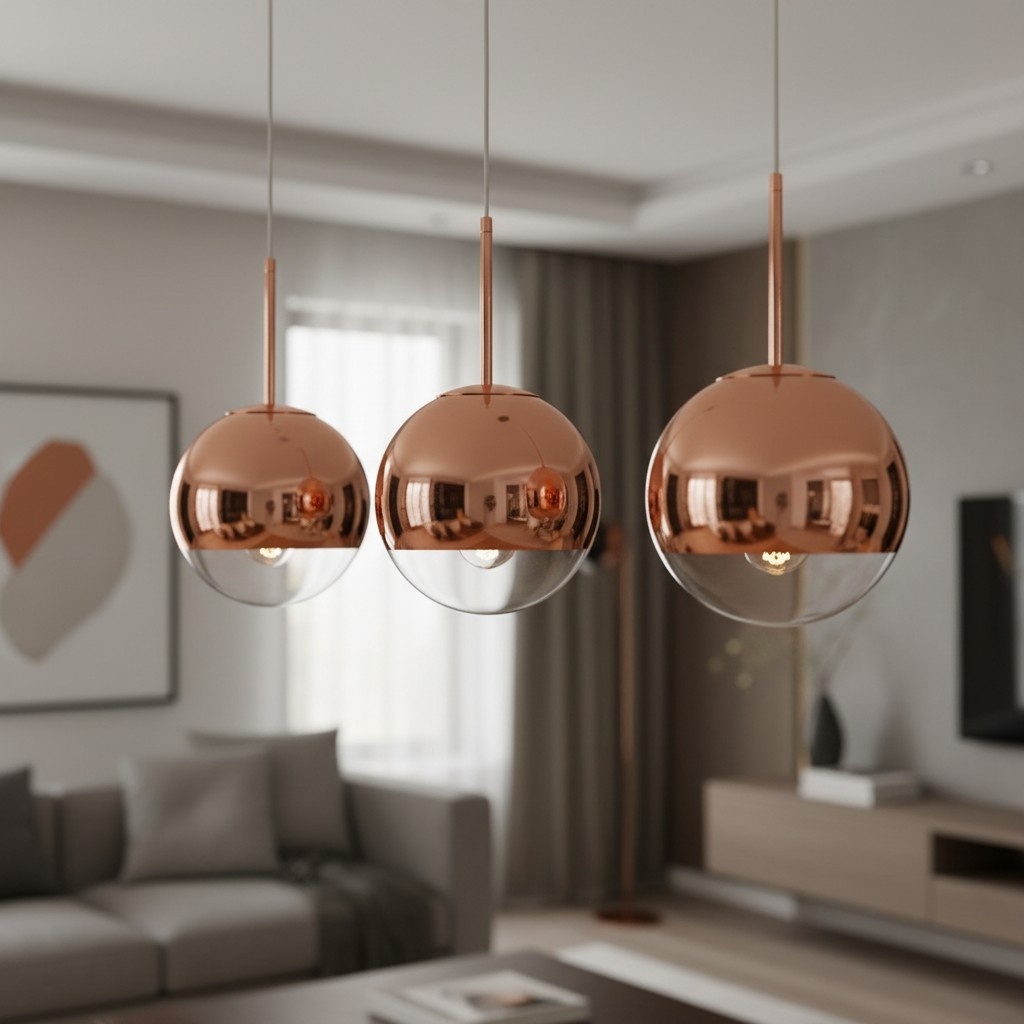 Rose gold mirror ball pendant lights in room