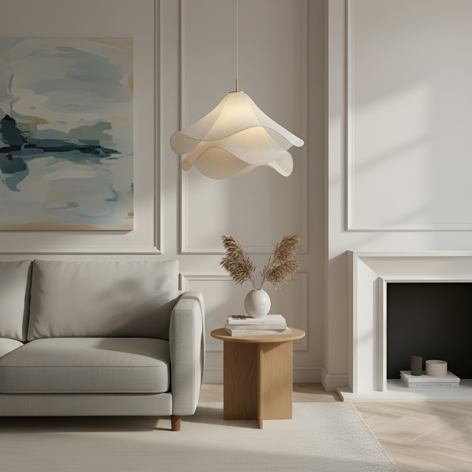 Pendant light beside a sofa and side table