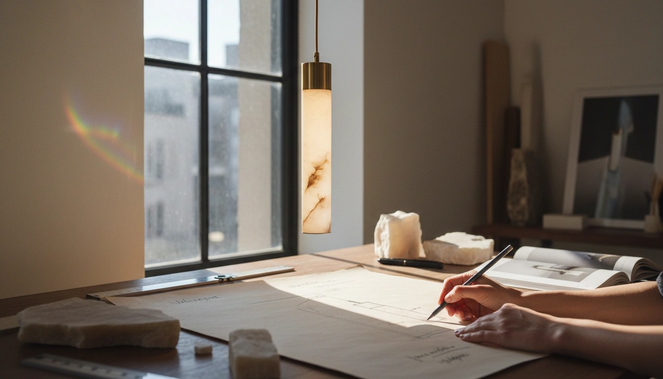 Alabaster pendant lamp close to a window
