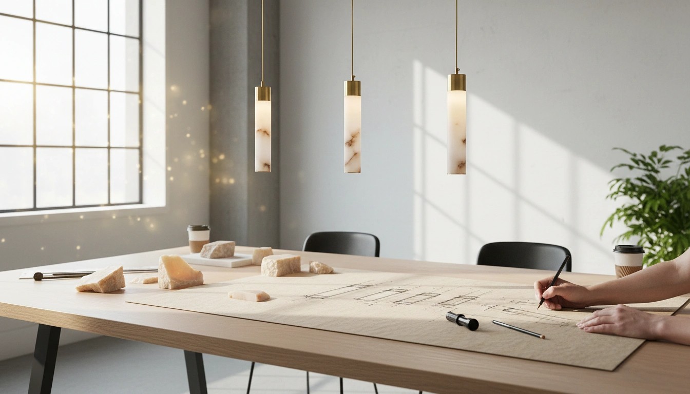 Alabaster pendant lamps over a work table