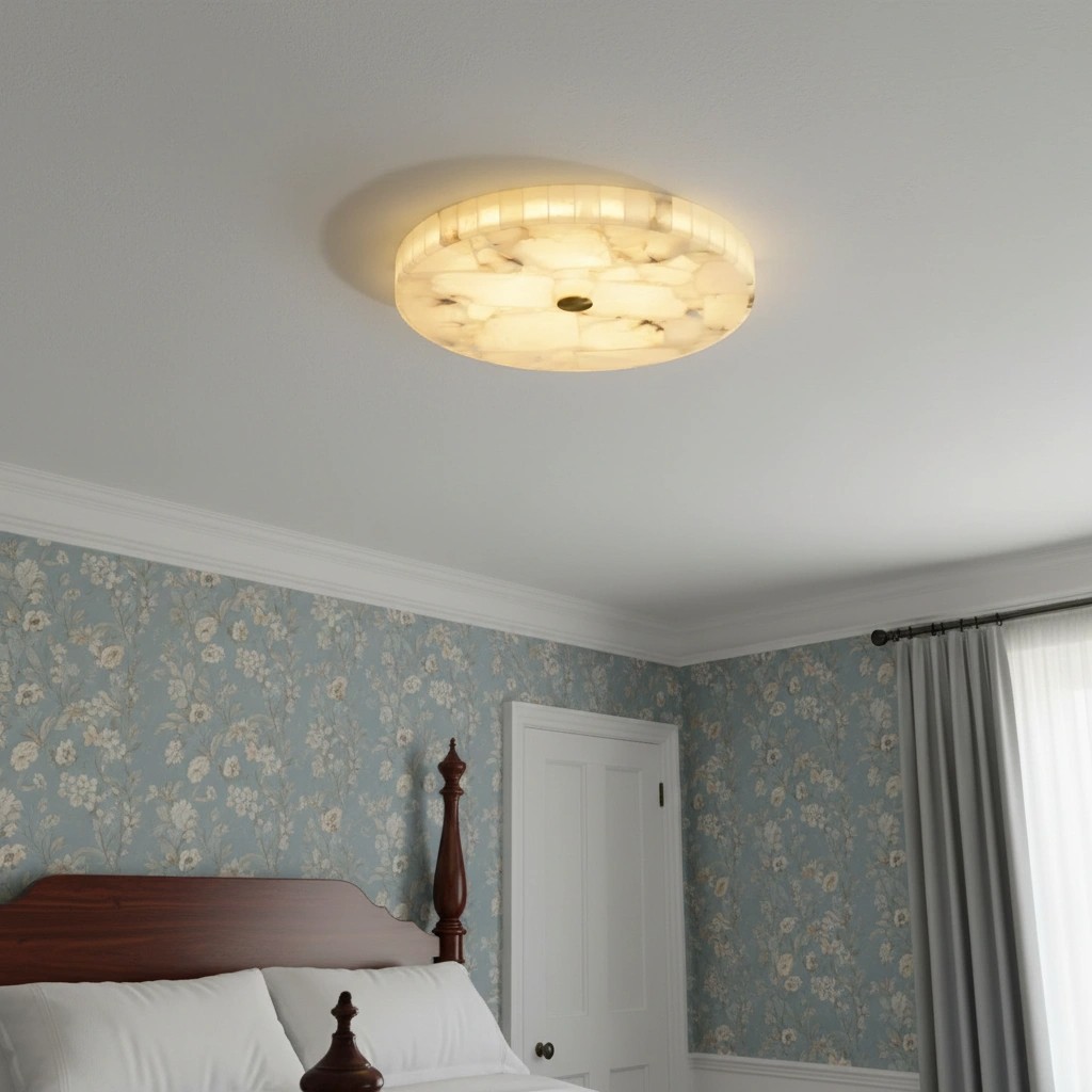Alabaster ceiling light installed in bedroom