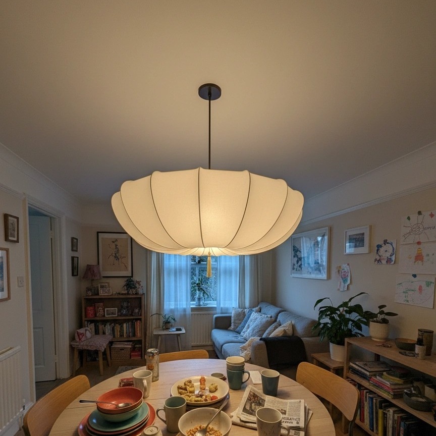 Customer dining area photo with chandelier