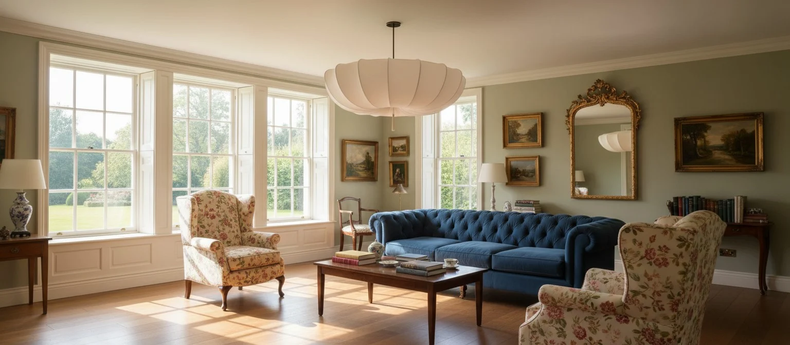 Japanese minimalist fabric chandelier in a softly lit living room