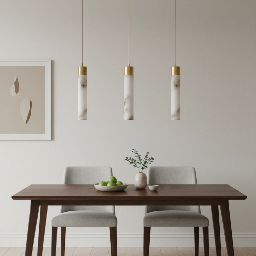 Alabaster brass pendant lamp over dining table