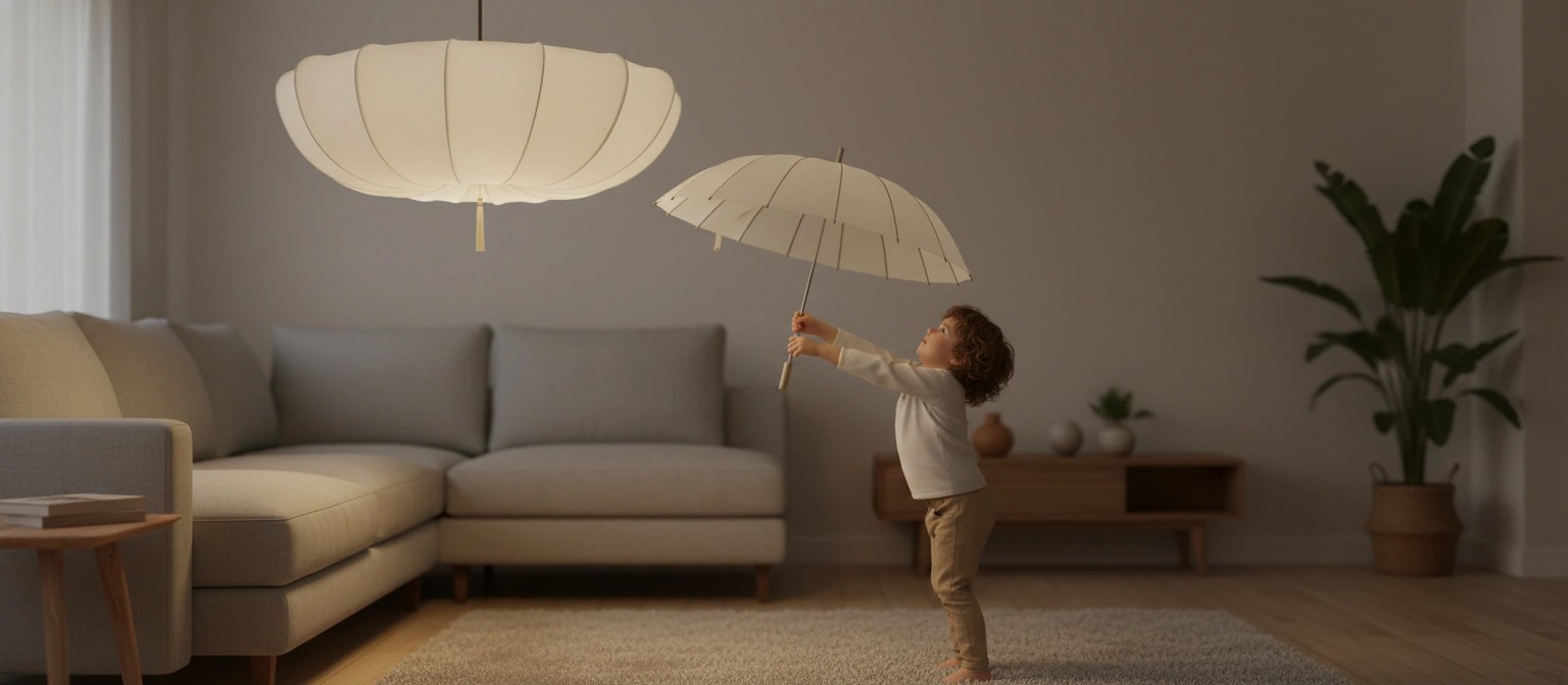 Japanese minimalist chandelier above a warm living room scene