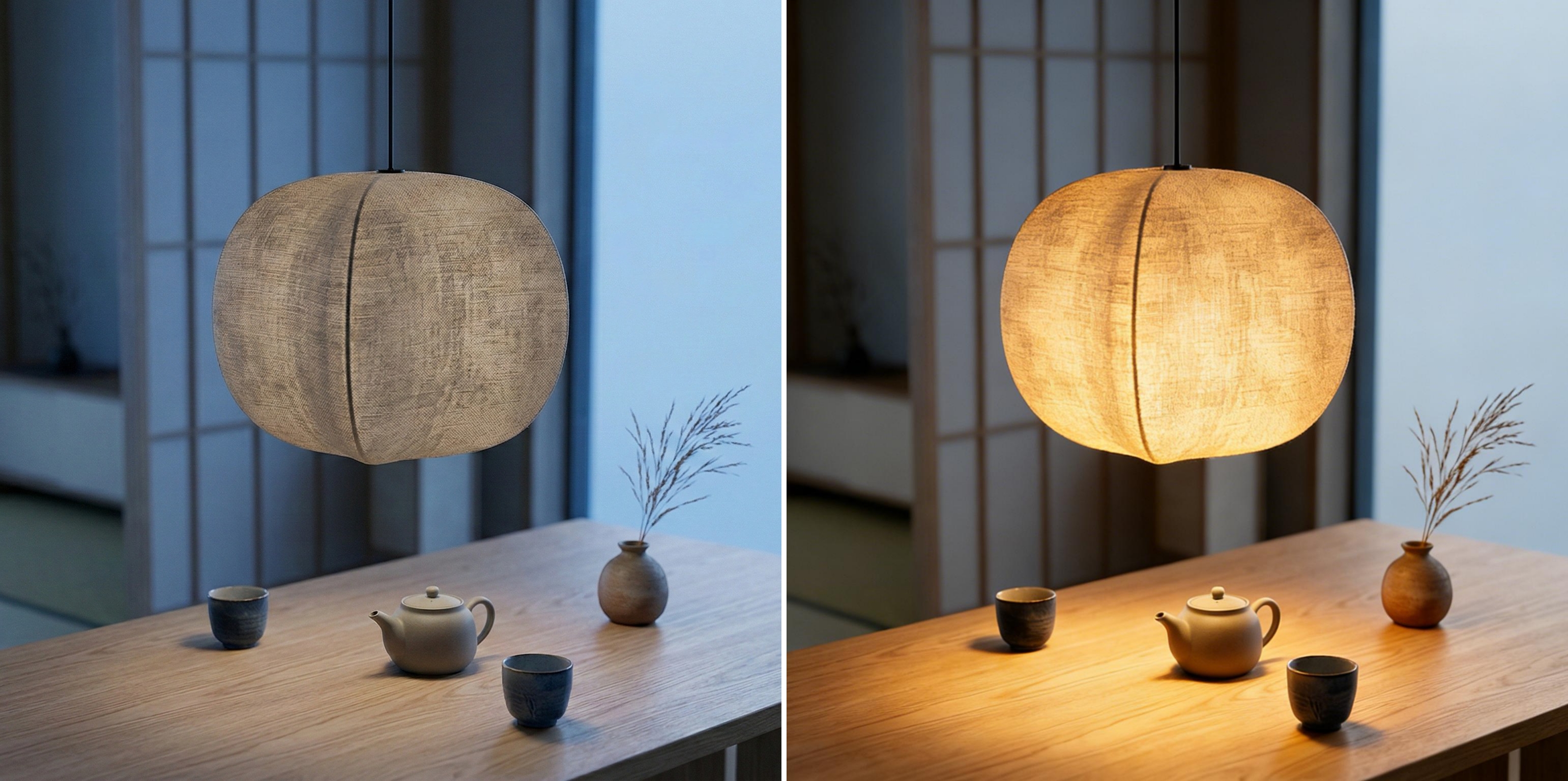 Diora pendant light effect before and after illumination